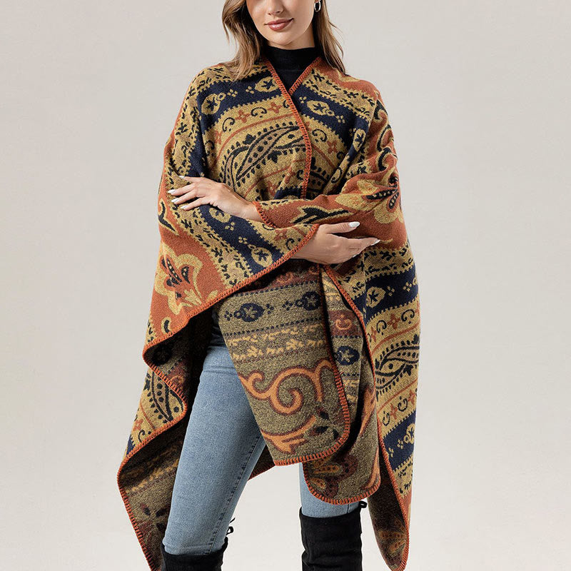 Chal cálido y suave con diseño de flores y rayas horizontales geométricas tibetanas con Buddha Stones para otoño e invierno - Naranja caqui 160*135 cm - image 20