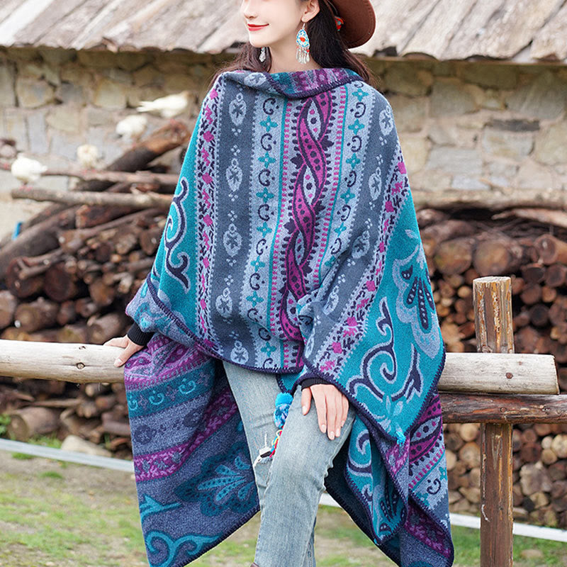 Chal cálido y suave con diseño de flores y rayas horizontales geométricas tibetanas con Buddha Stones para otoño e invierno - image 4