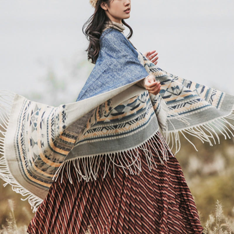 Chal con borlas y diseño geométrico de rombos tibetanos con Buddha Stones para otoño e invierno, cálido y acogedor - image 8
