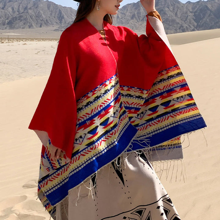 Chal con borlas y diseño geométrico de rombos tibetanos con Buddha Stones para otoño e invierno, cálido y acogedor - Rojo - 130 x 150 cm - image 29