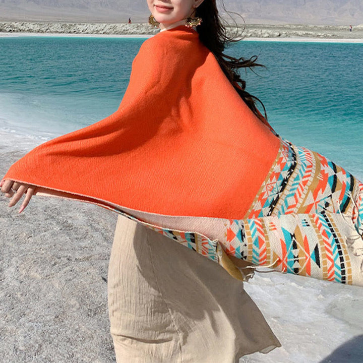 Chal con borlas y diseño geométrico de rombos tibetanos con Buddha Stones para otoño e invierno, cálido y acogedor - image 35