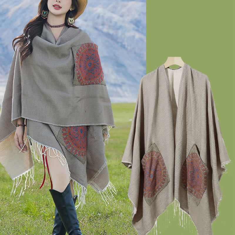 Chal con borlas y diseño de mandala redondo geométrico tibetano con Buddha Stones para otoño e invierno, bufanda acogedora con bolsillos - image 32