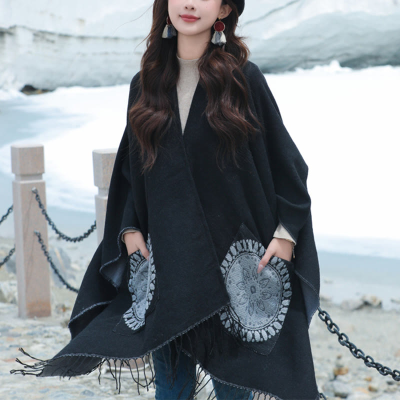 Chal con borlas y diseño de mandala redondo geométrico tibetano con Buddha Stones para otoño e invierno, bufanda acogedora con bolsillos - image 9