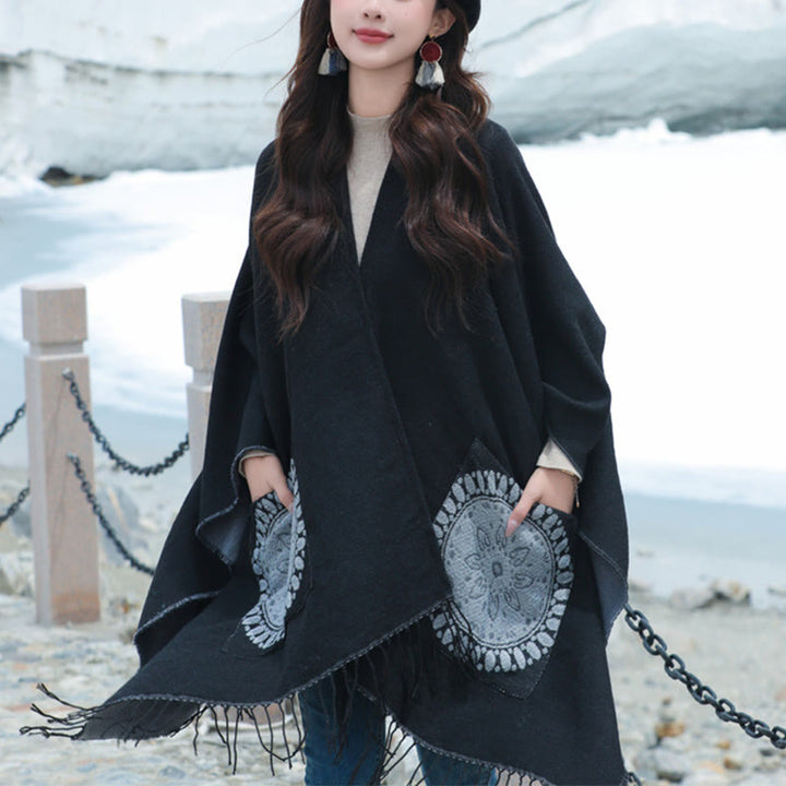 Chal con borlas y diseño de mandala redondo geométrico tibetano con Buddha Stones para otoño e invierno, bufanda acogedora con bolsillos - image 9