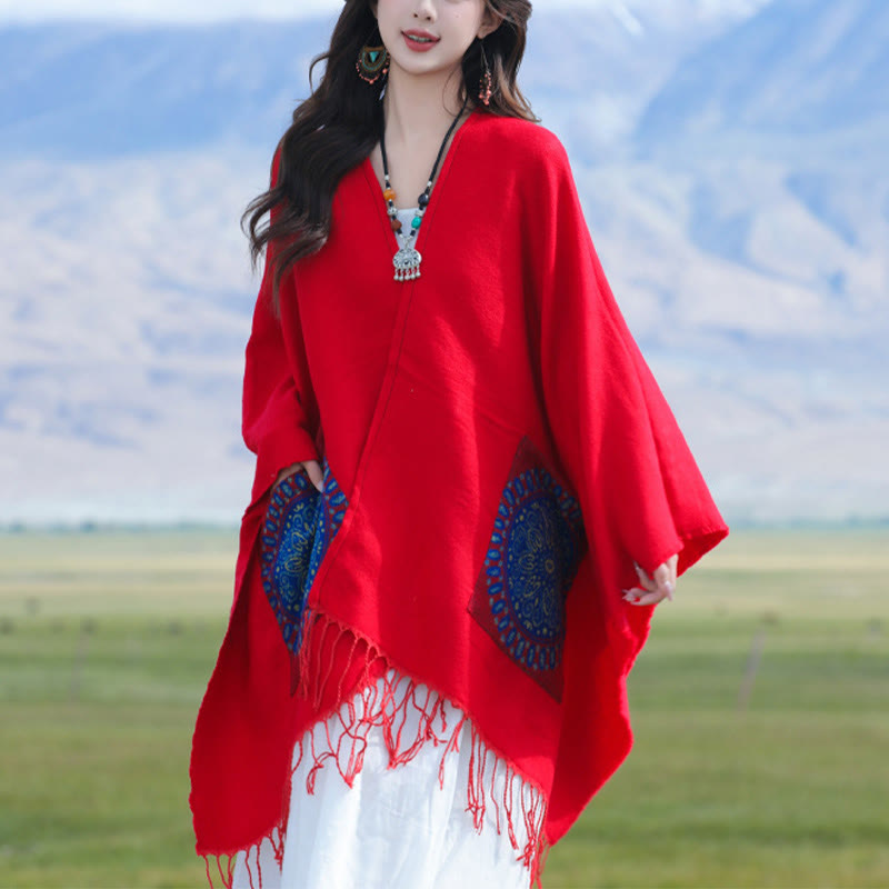 Chal con borlas y diseño de mandala redondo geométrico tibetano con Buddha Stones para otoño e invierno, bufanda acogedora con bolsillos - image 2