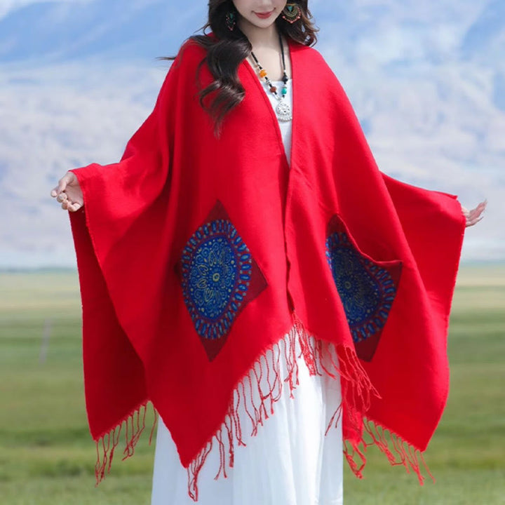 Chal con borlas y diseño de mandala redondo geométrico tibetano con Buddha Stones para otoño e invierno, bufanda acogedora con bolsillos - image 4