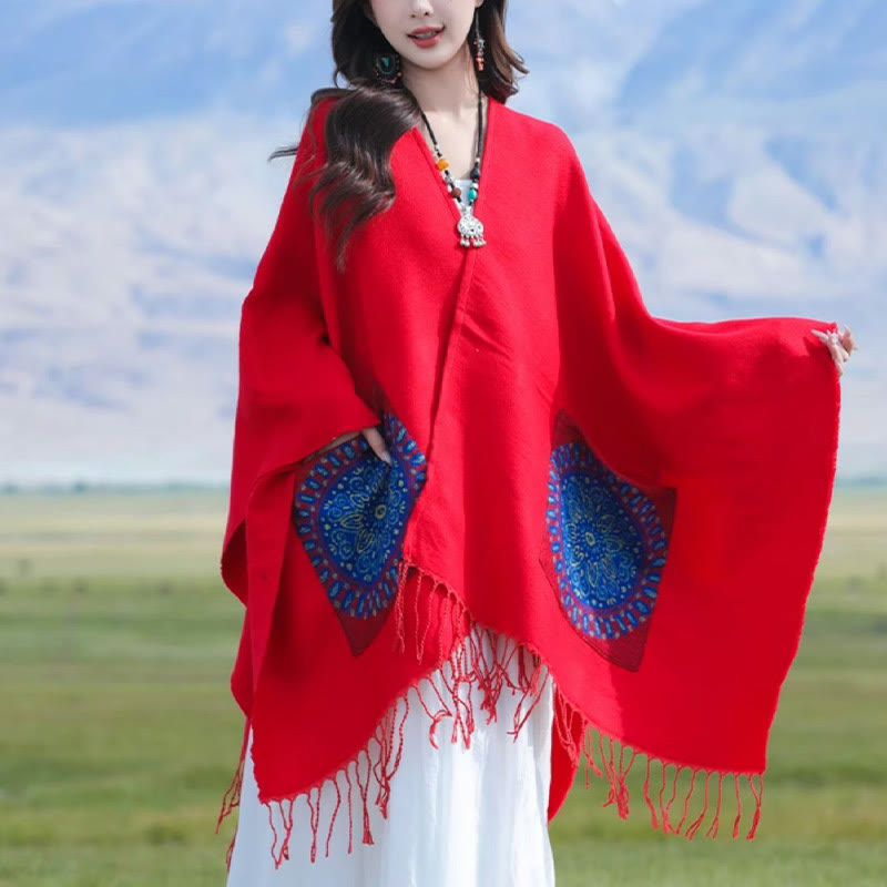 Chal con borlas y diseño de mandala redondo geométrico tibetano con Buddha Stones para otoño e invierno, bufanda acogedora con bolsillos - image 1