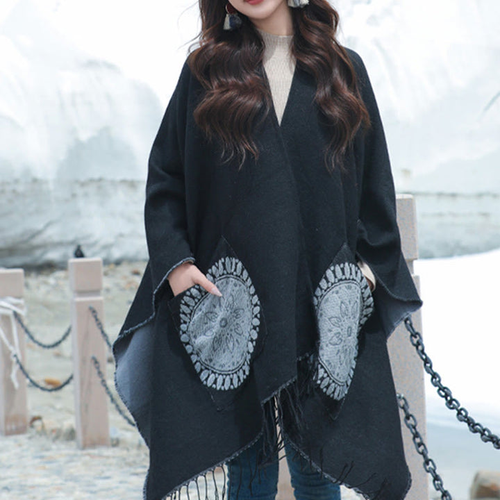 Chal con borlas y diseño de mandala redondo geométrico tibetano con Buddha Stones para otoño e invierno, bufanda acogedora con bolsillos - Negro - 140 x 155 cm - image 6