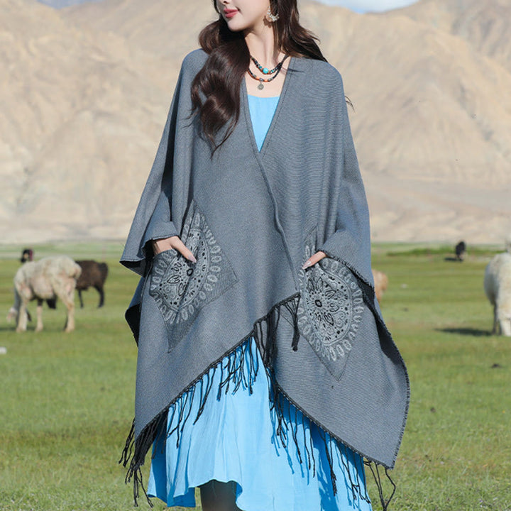 Chal con borlas y diseño de mandala redondo geométrico tibetano con Buddha Stones para otoño e invierno, bufanda acogedora con bolsillos - Gris - 140 x 155 cm - image 14