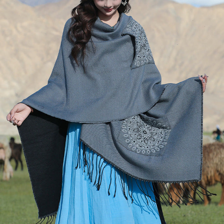 Chal con borlas y diseño de mandala redondo geométrico tibetano con Buddha Stones para otoño e invierno, bufanda acogedora con bolsillos - image 15