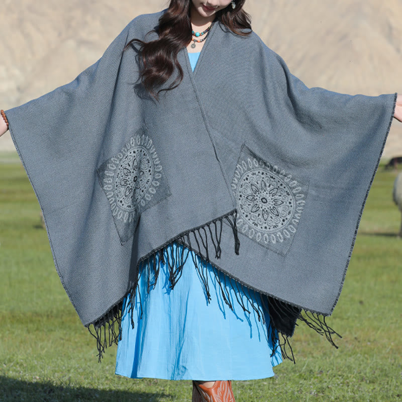 Chal con borlas y diseño de mandala redondo geométrico tibetano con Buddha Stones para otoño e invierno, bufanda acogedora con bolsillos - image 18