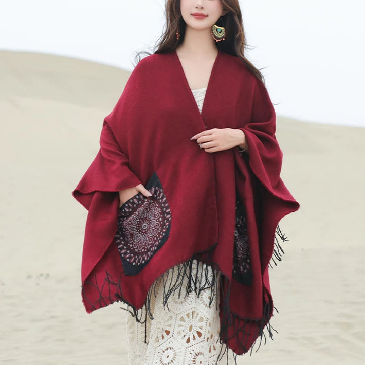 Chal con borlas y diseño de mandala redondo geométrico tibetano con Buddha Stones para otoño e invierno, bufanda acogedora con bolsillos - Ladrillo refractario - 140 x 155 cm - image 22