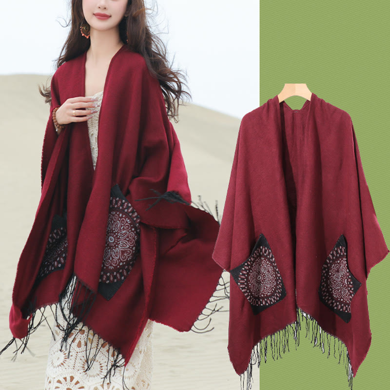 Chal con borlas y diseño de mandala redondo geométrico tibetano con Buddha Stones para otoño e invierno, bufanda acogedora con bolsillos - image 25