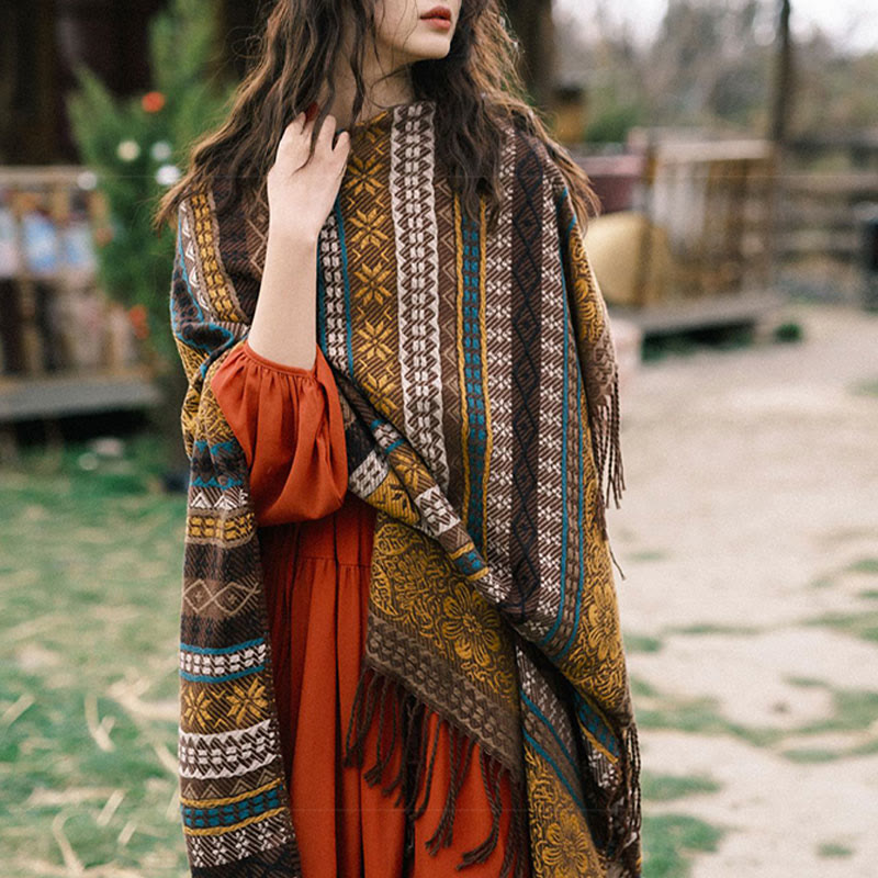 Chal acogedor para otoño e invierno con borlas y flores, diseño de rayas horizontales geométricas tibetanas y Buddha Stones - image 11