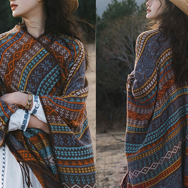 Chal acogedor para otoño e invierno con borlas y flores, diseño de rayas horizontales geométricas tibetanas y Buddha Stones - image 8