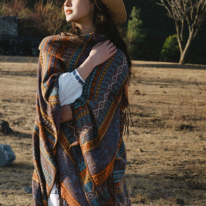 Chal acogedor para otoño e invierno con borlas y flores, diseño de rayas horizontales geométricas tibetanas y Buddha Stones - image 5