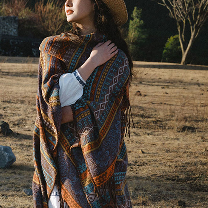 Chal acogedor para otoño e invierno con borlas y flores, diseño de rayas horizontales geométricas tibetanas y Buddha Stones - image 5