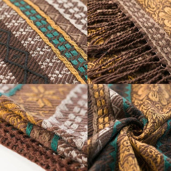 Chal acogedor para otoño e invierno con borlas y flores, diseño de rayas horizontales geométricas tibetanas y Buddha Stones - image 14