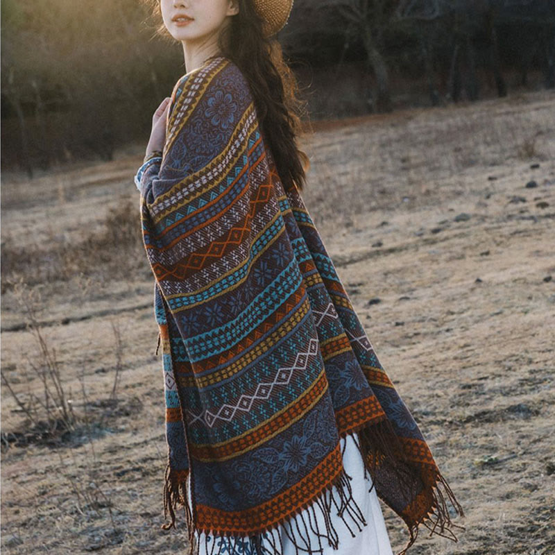 Chal acogedor para otoño e invierno con borlas y flores, diseño de rayas horizontales geométricas tibetanas y Buddha Stones - image 4