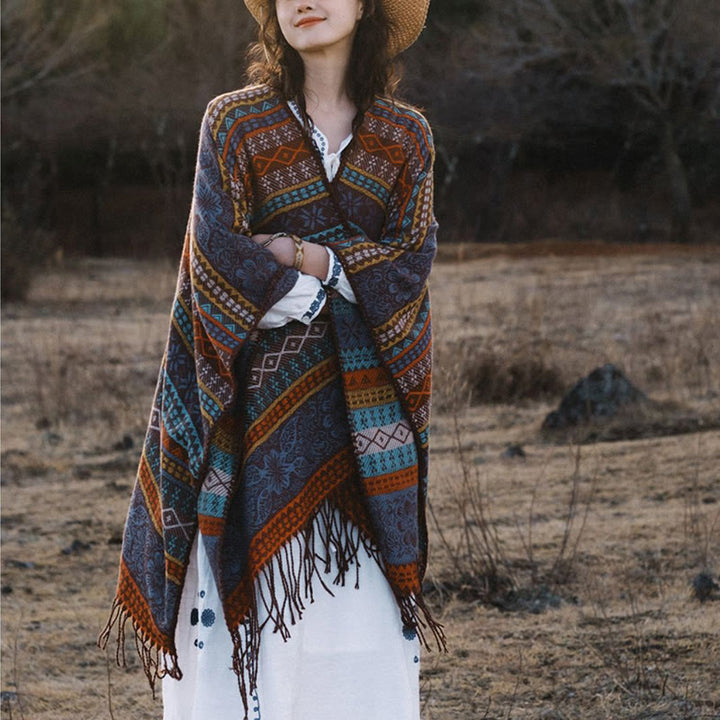 Chal acogedor para otoño e invierno con borlas y flores, diseño de rayas horizontales geométricas tibetanas y Buddha Stones - image 6