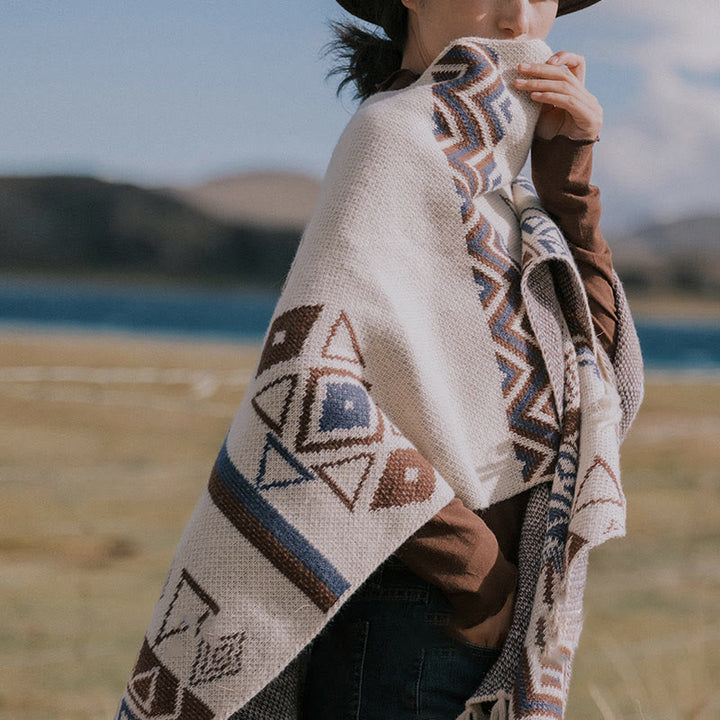 Chal de borlas con diseño geométrico de rayas onduladas tibetanas y Buddha Stones para otoño e invierno - image 7