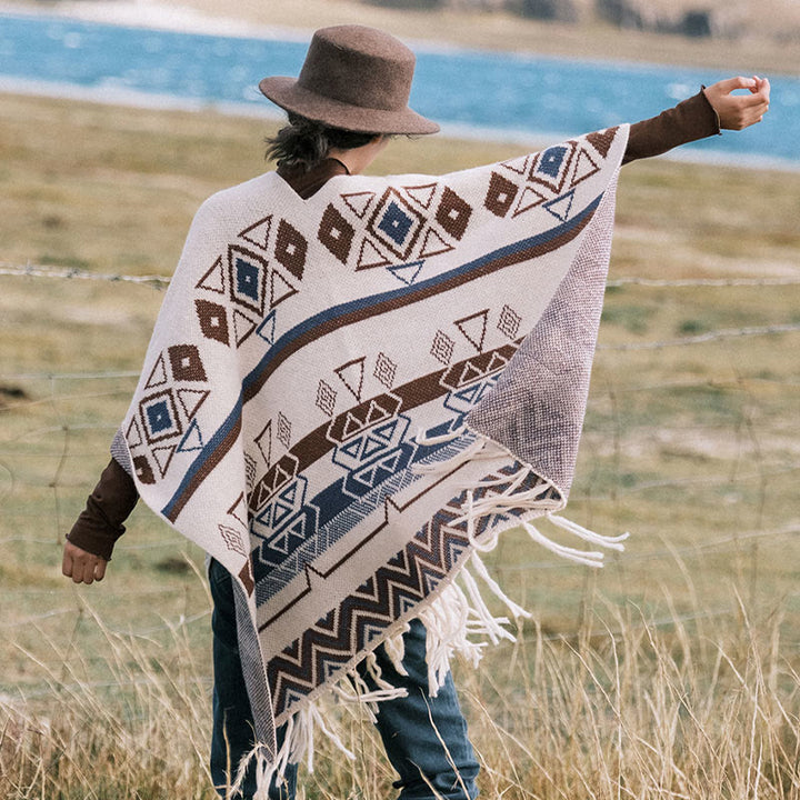 Chal de borlas con diseño geométrico de rayas onduladas tibetanas y Buddha Stones para otoño e invierno - image 2