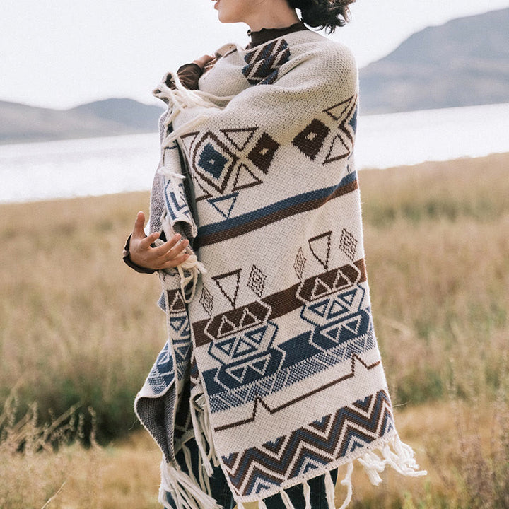 Chal de borlas con diseño geométrico de rayas onduladas tibetanas y Buddha Stones para otoño e invierno - image 5