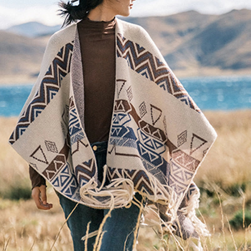 Chal de borlas con diseño geométrico de rayas onduladas tibetanas y Buddha Stones para otoño e invierno - image 14