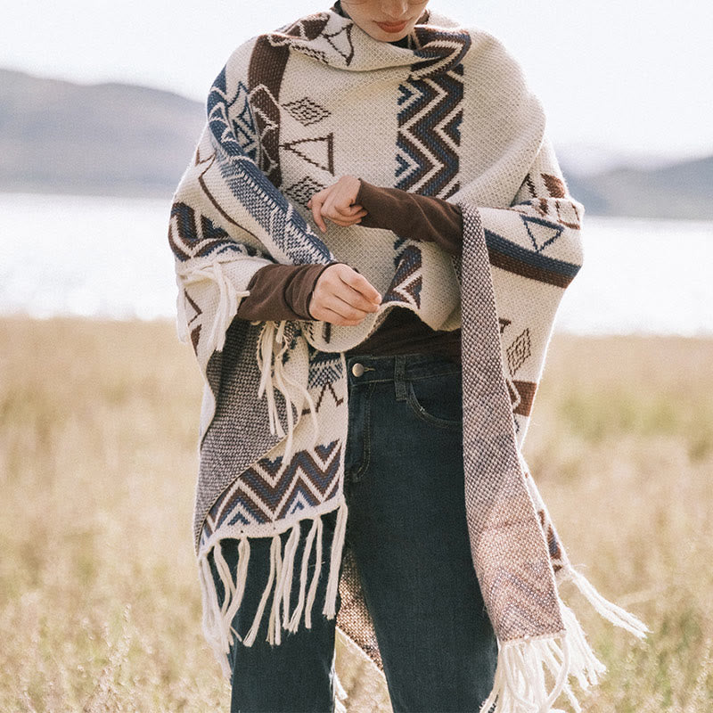 Chal de borlas con diseño geométrico de rayas onduladas tibetanas y Buddha Stones para otoño e invierno - image 3