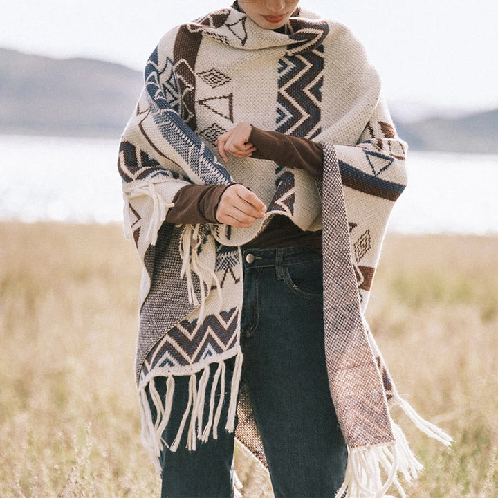 Chal de borlas con diseño geométrico de rayas onduladas tibetanas y Buddha Stones para otoño e invierno - image 3