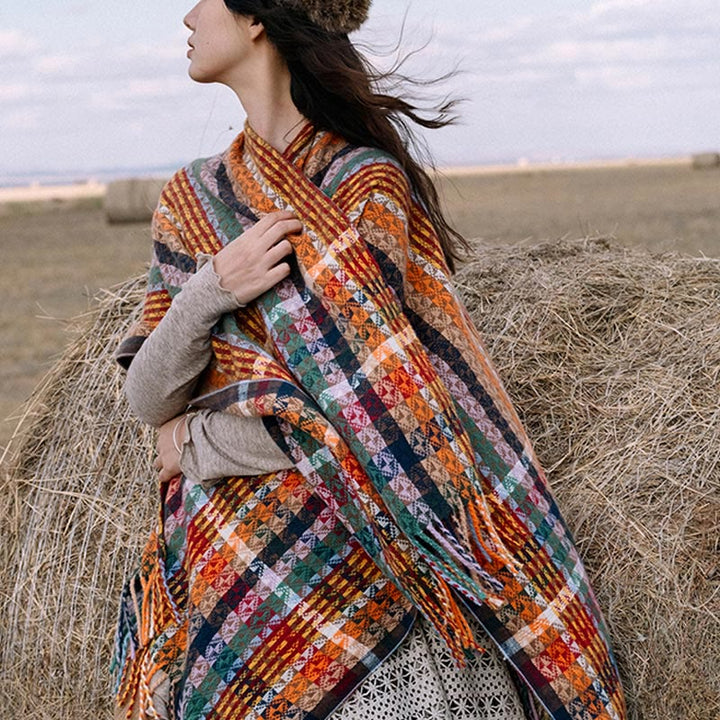 Chal de borlas con diseño geométrico de rayas coloridas tibetanas con Buddha Stones para otoño e invierno, bufanda suave