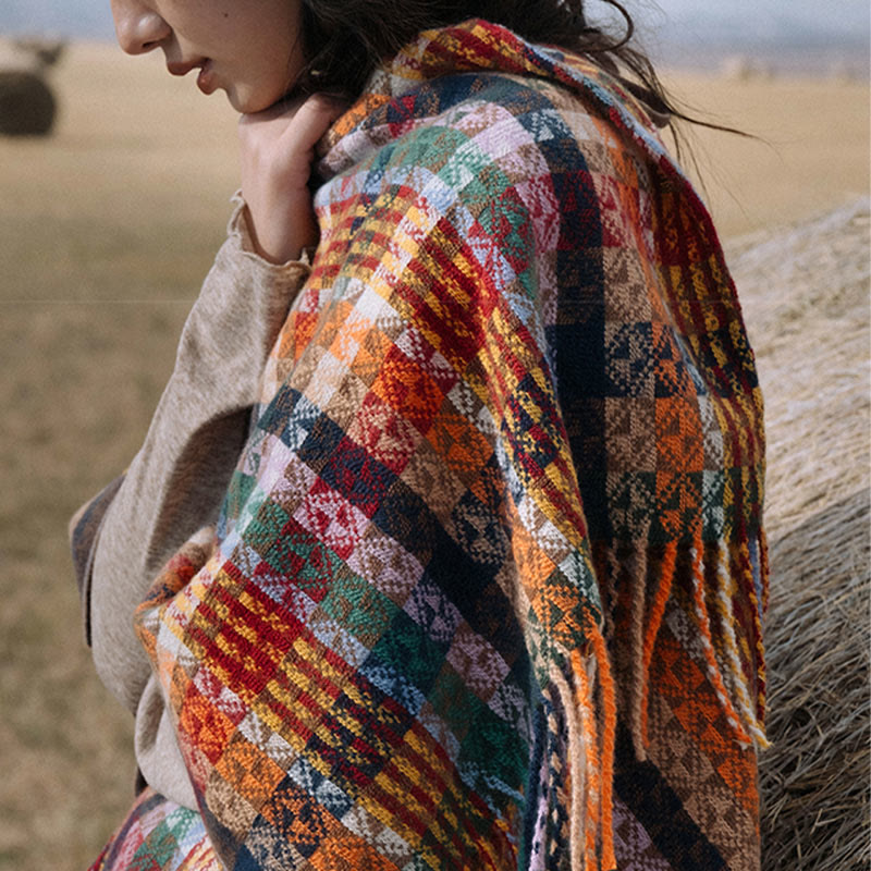 Chal de borlas con diseño geométrico de rayas coloridas tibetanas con Buddha Stones para otoño e invierno, bufanda suave