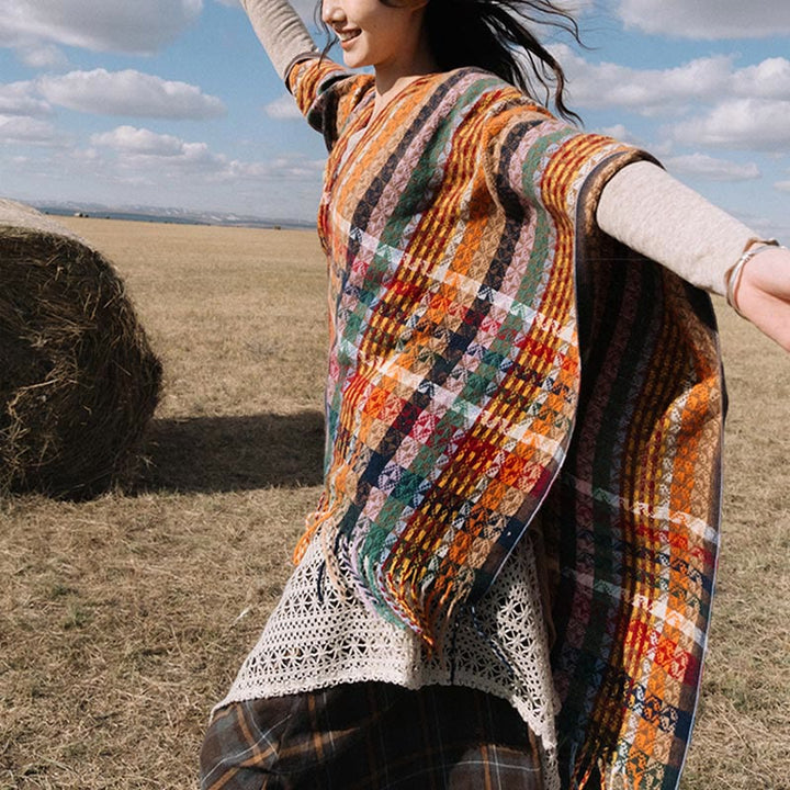 Chal de borlas con diseño geométrico de rayas coloridas tibetanas con Buddha Stones para otoño e invierno, bufanda suave