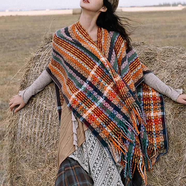 Chal de borlas con diseño geométrico de rayas coloridas tibetanas con Buddha Stones para otoño e invierno, bufanda suave