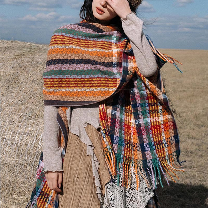 Chal de borlas con diseño geométrico de rayas coloridas tibetanas con Buddha Stones para otoño e invierno, bufanda suave