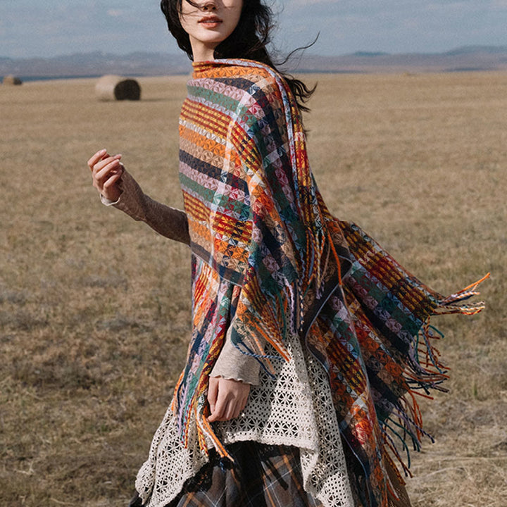 Chal de borlas con diseño geométrico de rayas coloridas tibetanas con Buddha Stones para otoño e invierno, bufanda suave