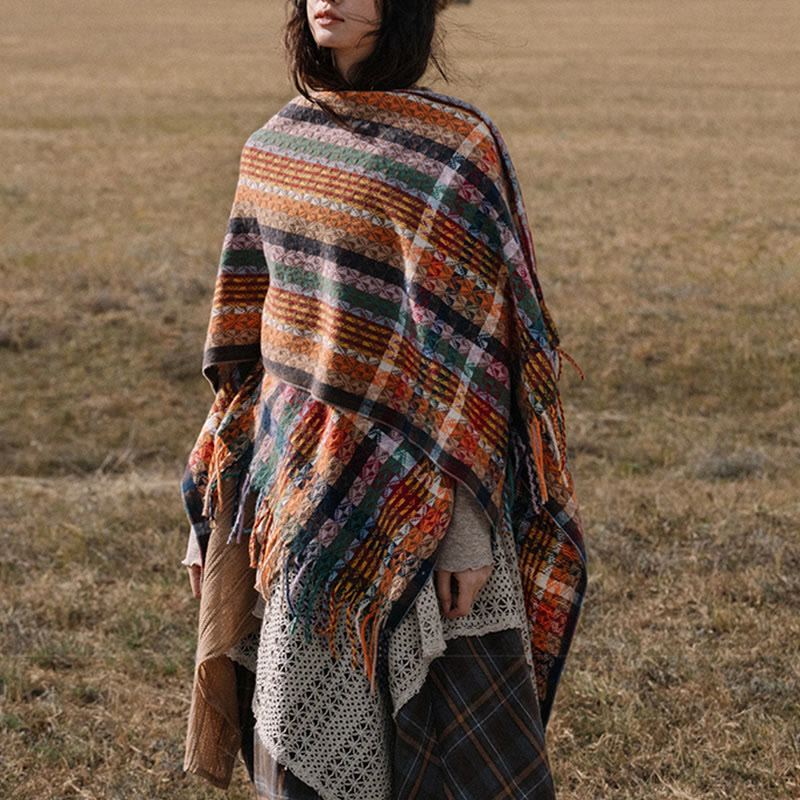 Chal de borlas con diseño geométrico de rayas coloridas tibetanas con Buddha Stones para otoño e invierno, bufanda suave - image 9