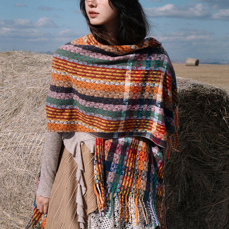Chal de borlas con diseño geométrico de rayas coloridas tibetanas con Buddha Stones para otoño e invierno, bufanda suave