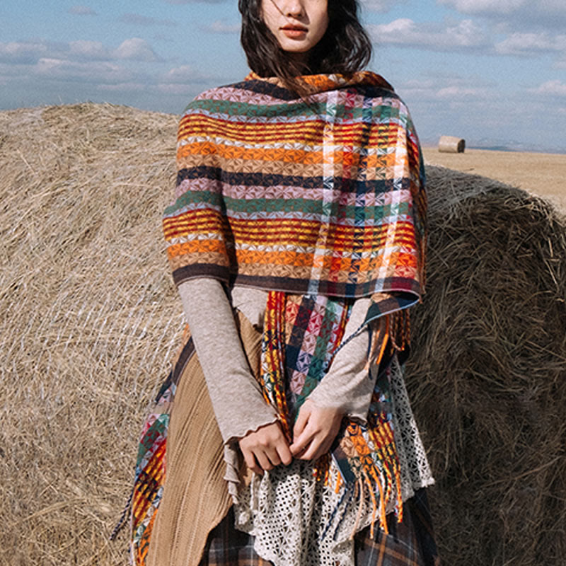 Chal de borlas con diseño geométrico de rayas coloridas tibetanas con Buddha Stones para otoño e invierno, bufanda suave