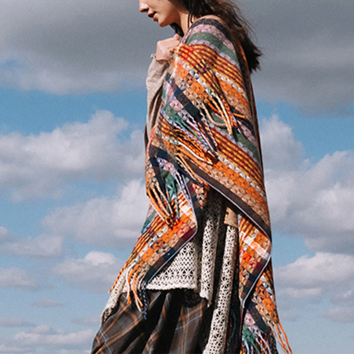 Chal de borlas con diseño geométrico de rayas coloridas tibetanas con Buddha Stones para otoño e invierno, bufanda suave