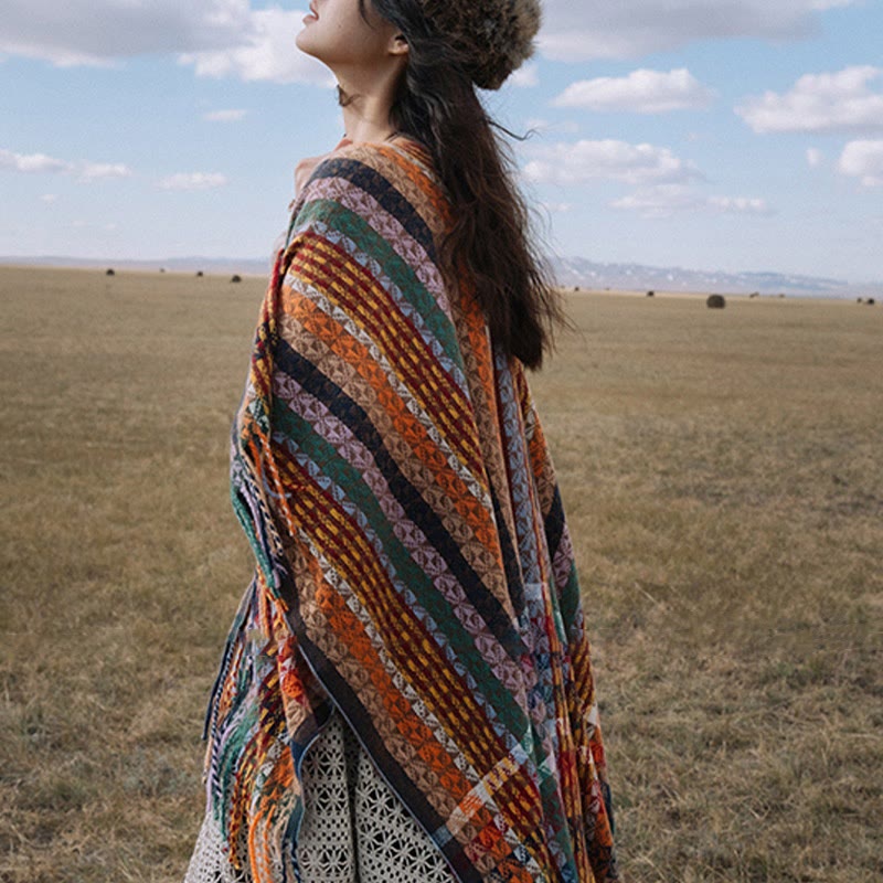 Chal de borlas con diseño geométrico de rayas coloridas tibetanas con Buddha Stones para otoño e invierno, bufanda suave