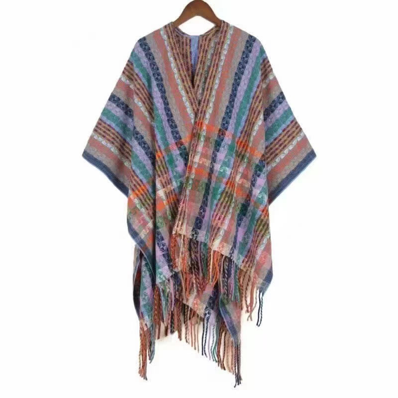 Chal de borlas con diseño geométrico de rayas coloridas tibetanas con Buddha Stones para otoño e invierno, bufanda suave