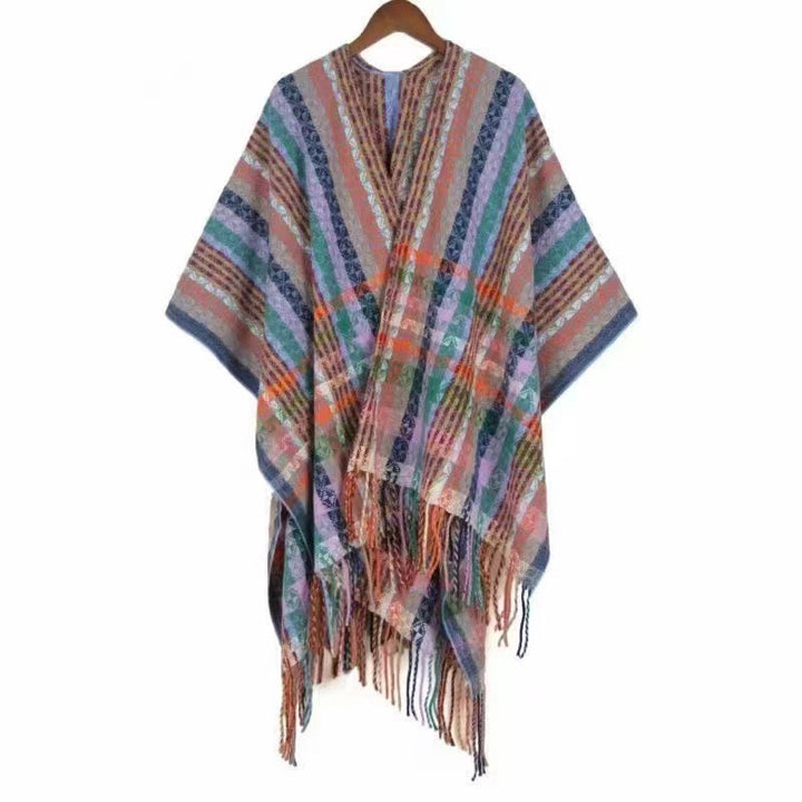 Chal de borlas con diseño geométrico de rayas coloridas tibetanas con Buddha Stones para otoño e invierno, bufanda suave