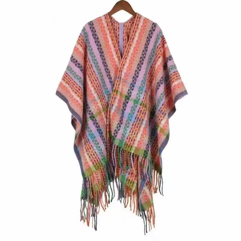 Chal de borlas con diseño geométrico de rayas coloridas tibetanas con Buddha Stones para otoño e invierno, bufanda suave