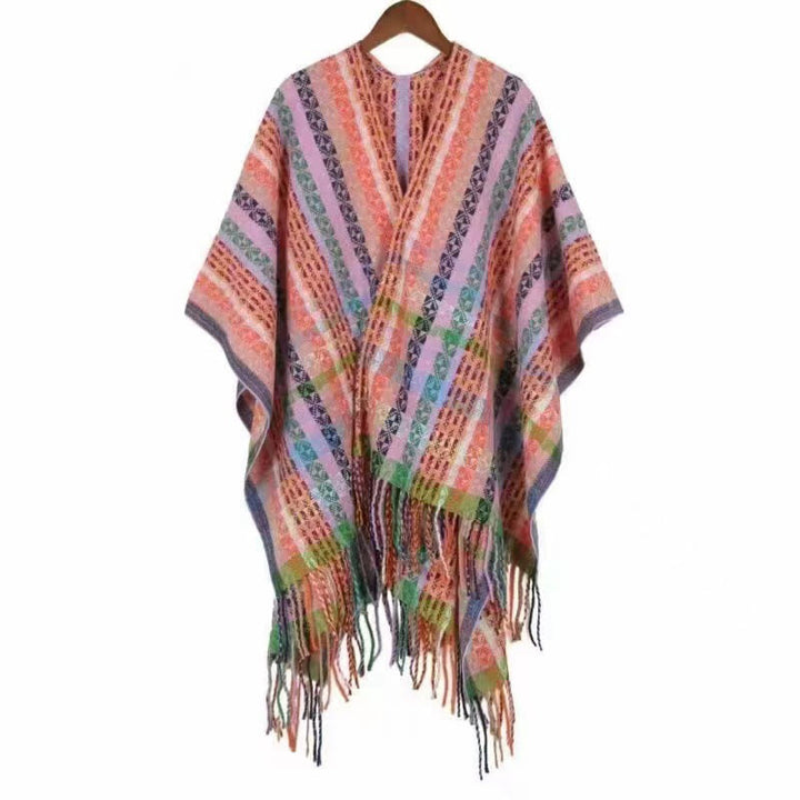 Chal de borlas con diseño geométrico de rayas coloridas tibetanas con Buddha Stones para otoño e invierno, bufanda suave