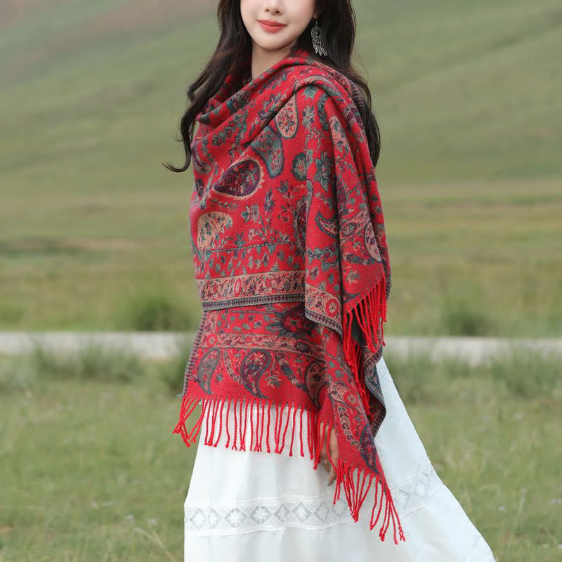 Chal de otoño-invierno suave y acogedor con borlas, hojas, flores de anacardo tibetanas , Buddha Stones y vid - image 1