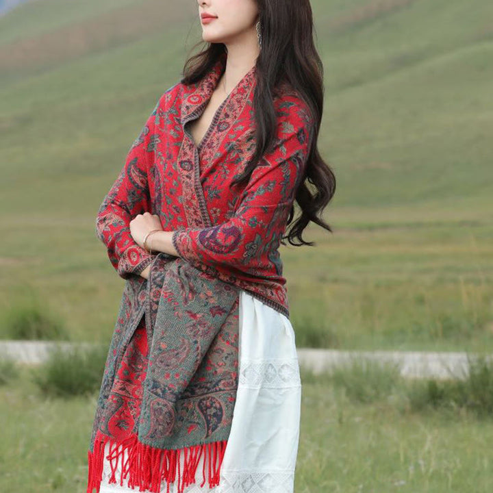 Chal de otoño-invierno suave y acogedor con borlas, hojas, flores de anacardo tibetanas , Buddha Stones y vid - image 4