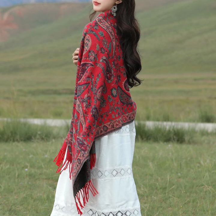 Chal de otoño-invierno suave y acogedor con borlas, hojas, flores de anacardo tibetanas , Buddha Stones y vid - image 2