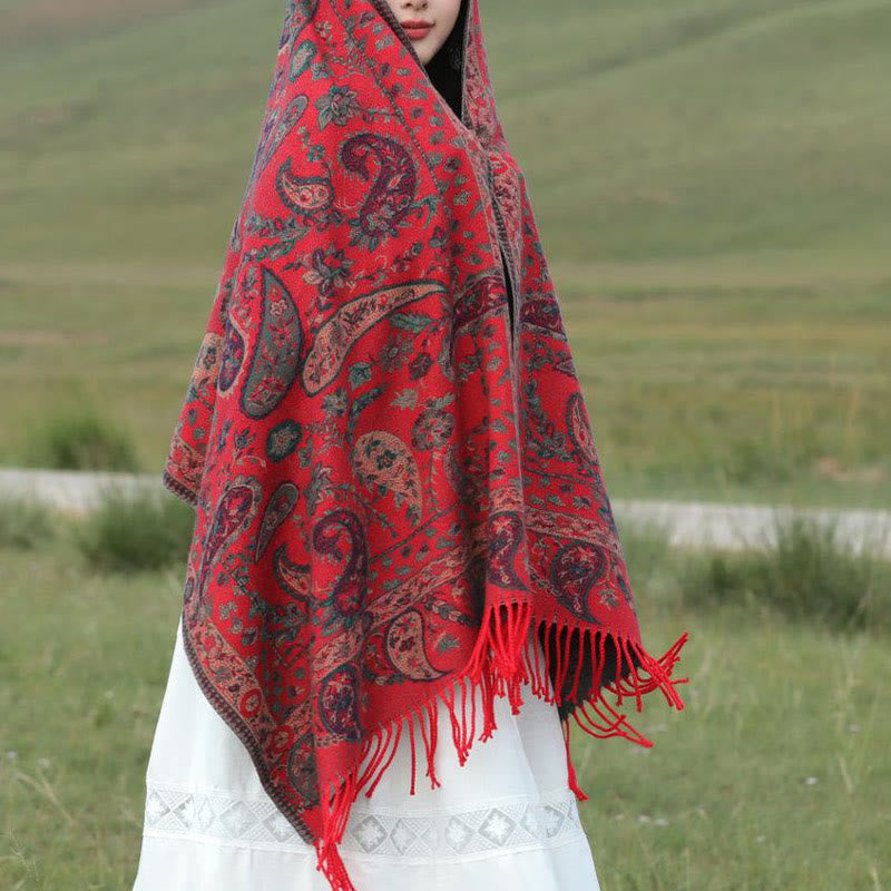 Chal de otoño-invierno suave y acogedor con borlas, hojas, flores de anacardo tibetanas , Buddha Stones y vid - image 3