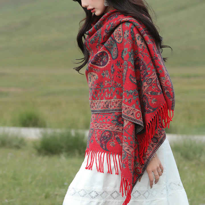 Chal de otoño-invierno suave y acogedor con borlas, hojas, flores de anacardo tibetanas , Buddha Stones y vid - image 5